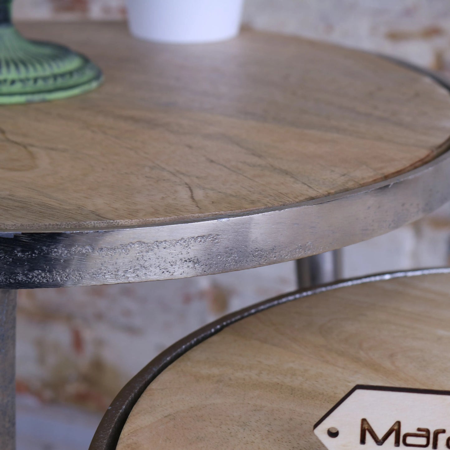 Set of 2 Aluminium Rough Cast Tables with Mango Wood Tops