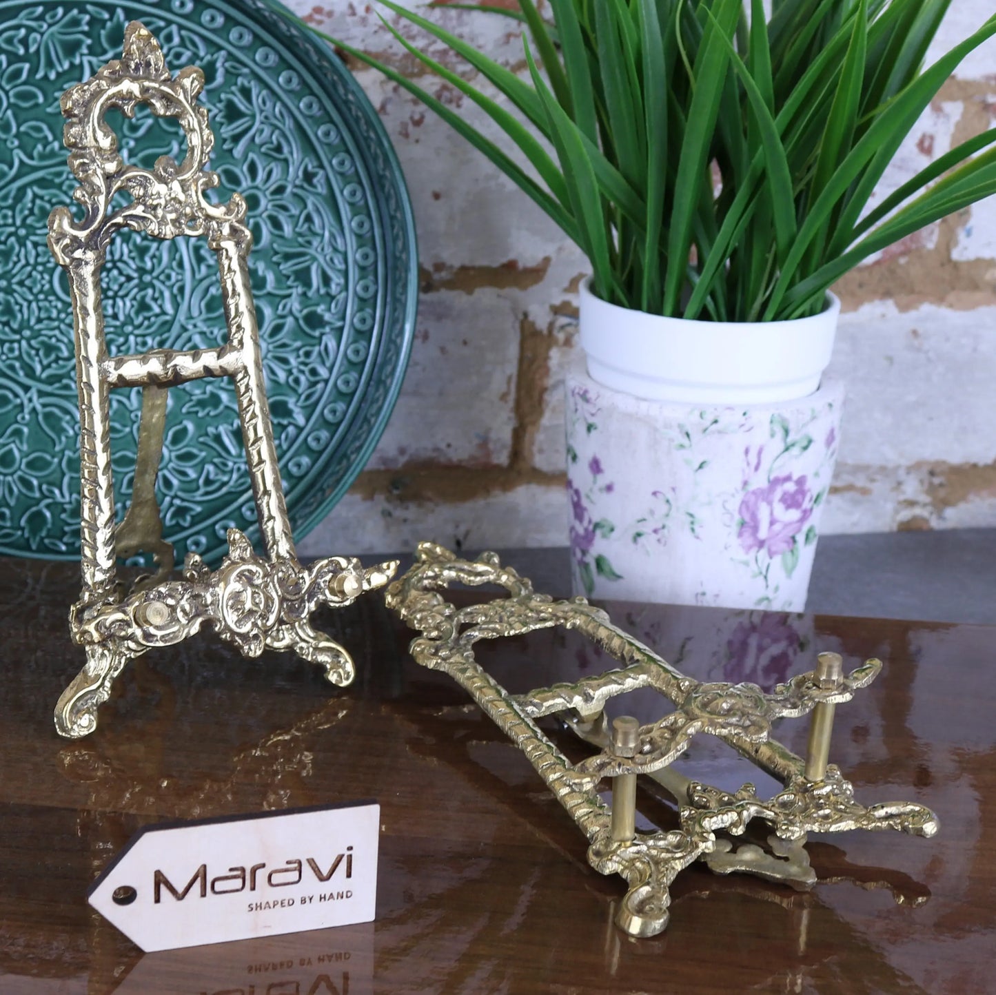 Saramati Small Decorative Brass Display Easels Open and Closed