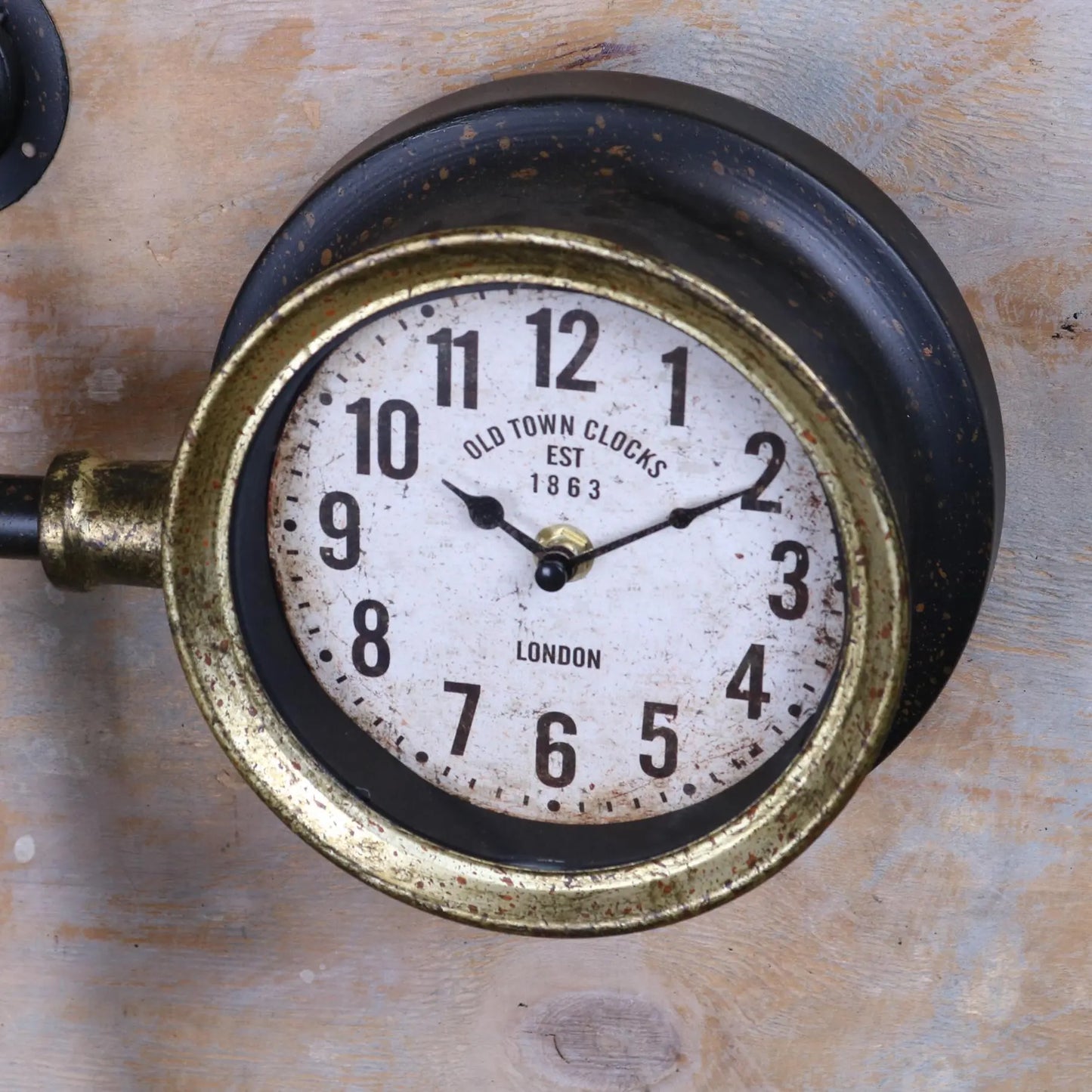 Balpur Industrial Pipe Wall Clock Black and Antique Gold Closeup of Clock Face