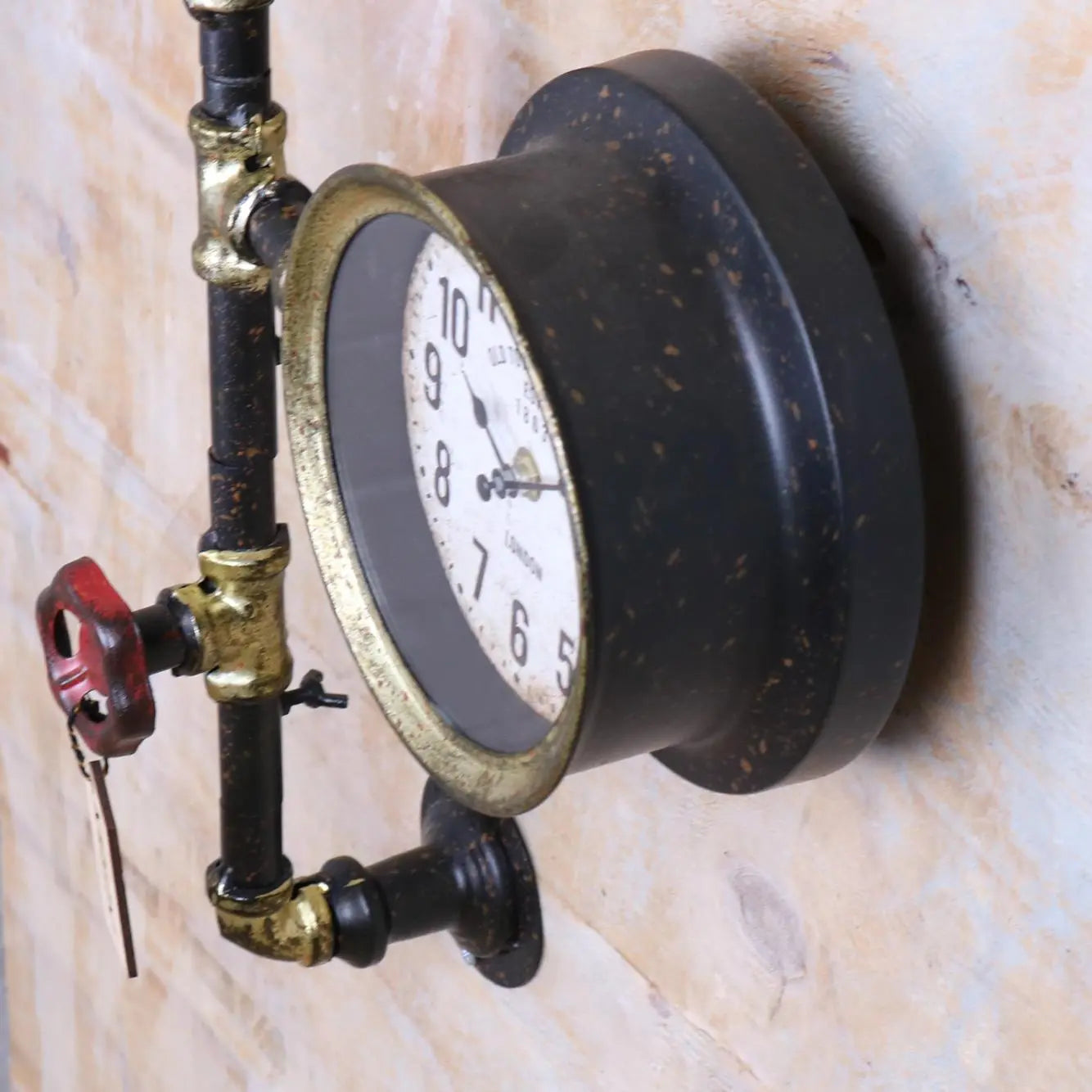Balpur Industrial Pipe Wall Clock Black and Antique Gold Side View