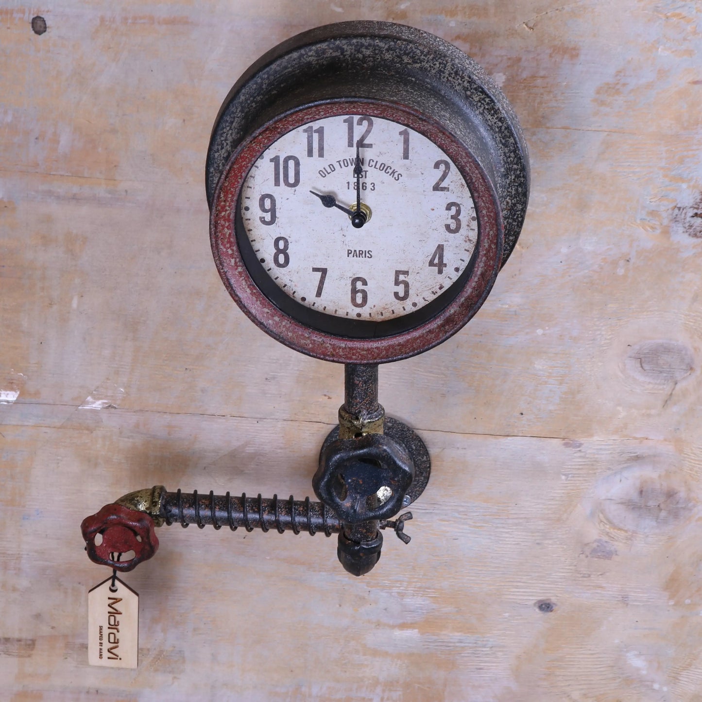 Balpur Industrial Pipe Wall Clock Red and Gold Pipe to the Left Side