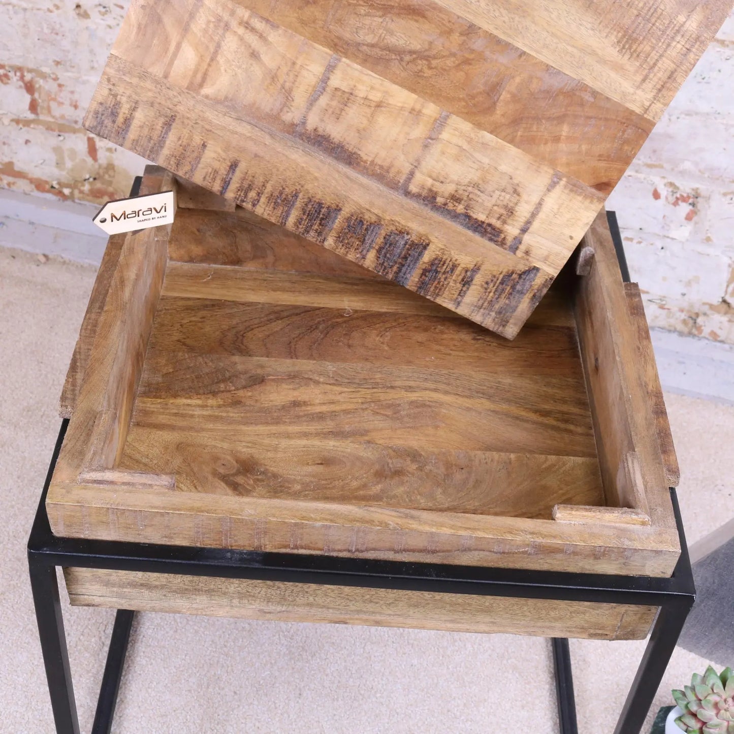 Rewat Chunky Block Side Table with Storage Compartment Zoomed In View of Storage Area