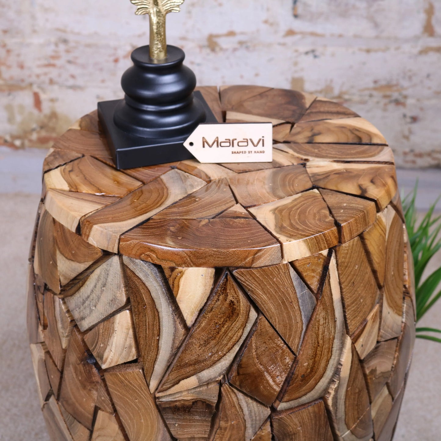 Majra Barrell Shaped Wooden Side Table Angled Top View