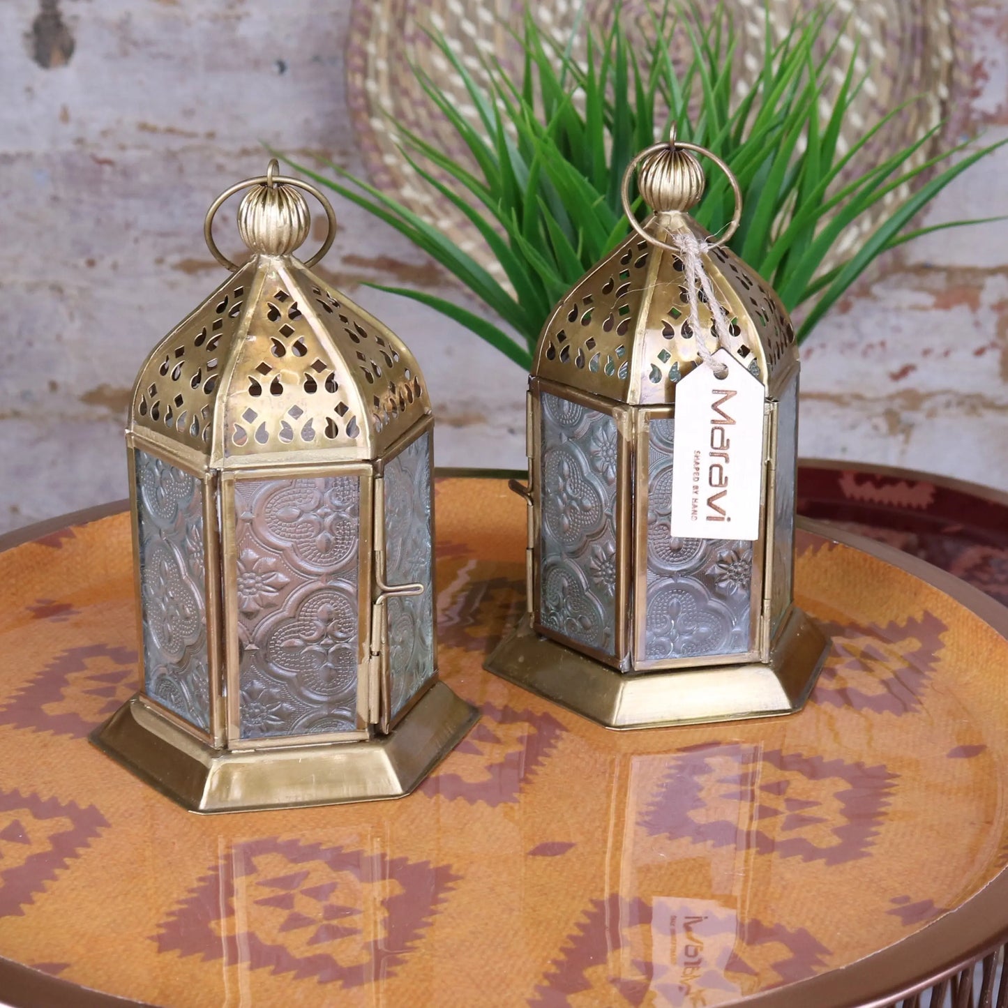 Set of 2 Cooch Gold Moroccan Frosted Glass Lantern 17cm Maravi