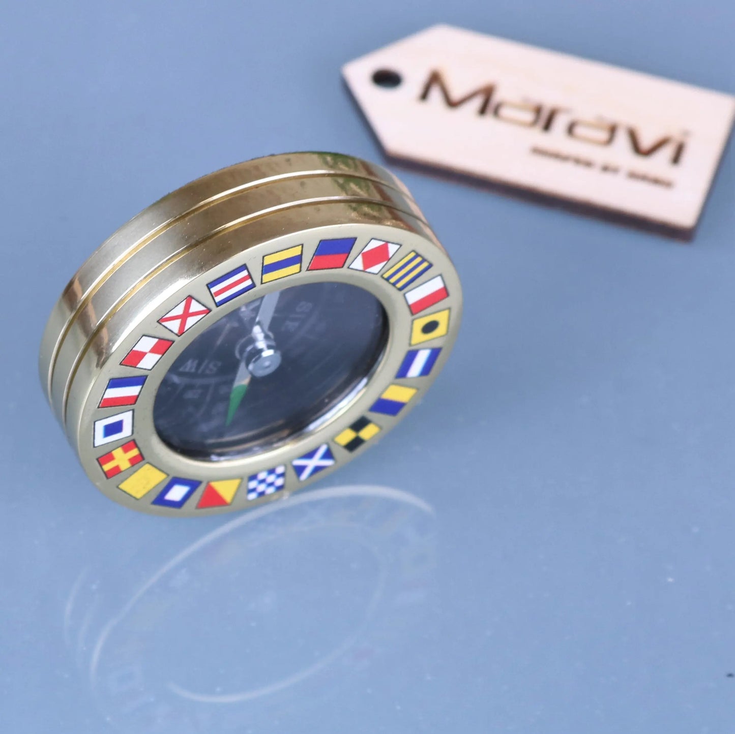 Brass Style Pocket Compass Paperweight Code Flags Top View