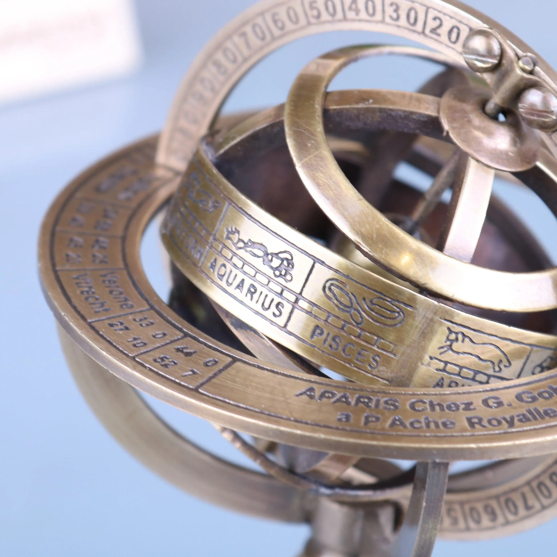 Ponnur Brass Armillary Sphere Desk Ornament Paperweight Closeup