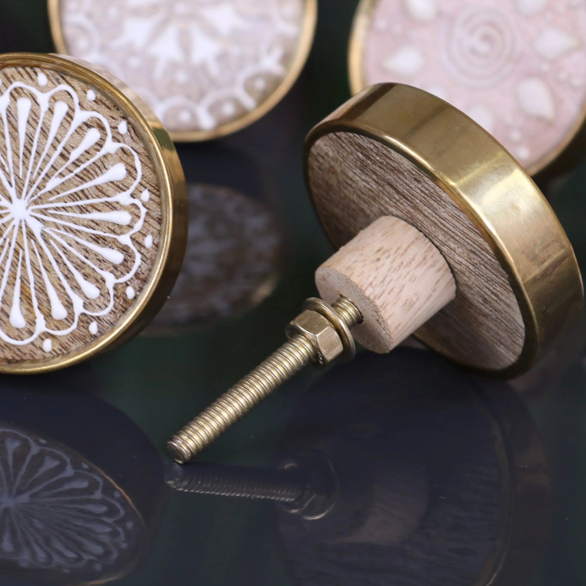 Hadhi Set of 4 Natural Wood Door Knobs Gold Colour Closeup of Bolt Thread