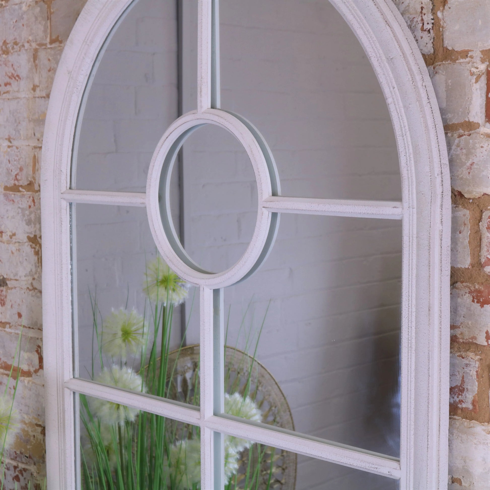 Panna Window Style Wall Mirror Rustic Zoomed In of Circle Section
