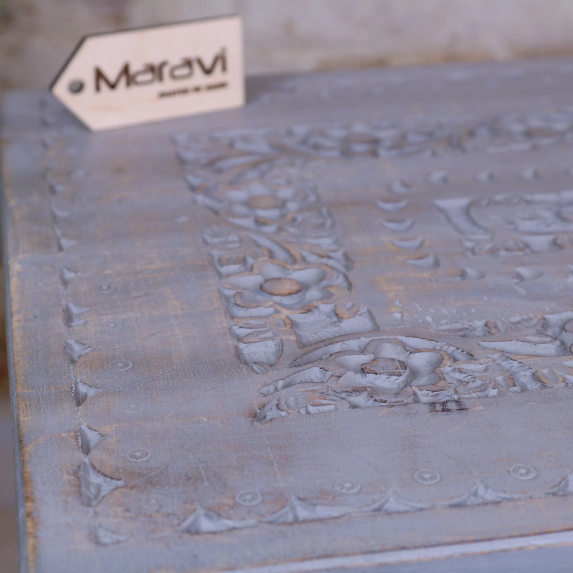 Erki Rectangular Mango Wood Side Table Grey Painted Closeup of Carving
