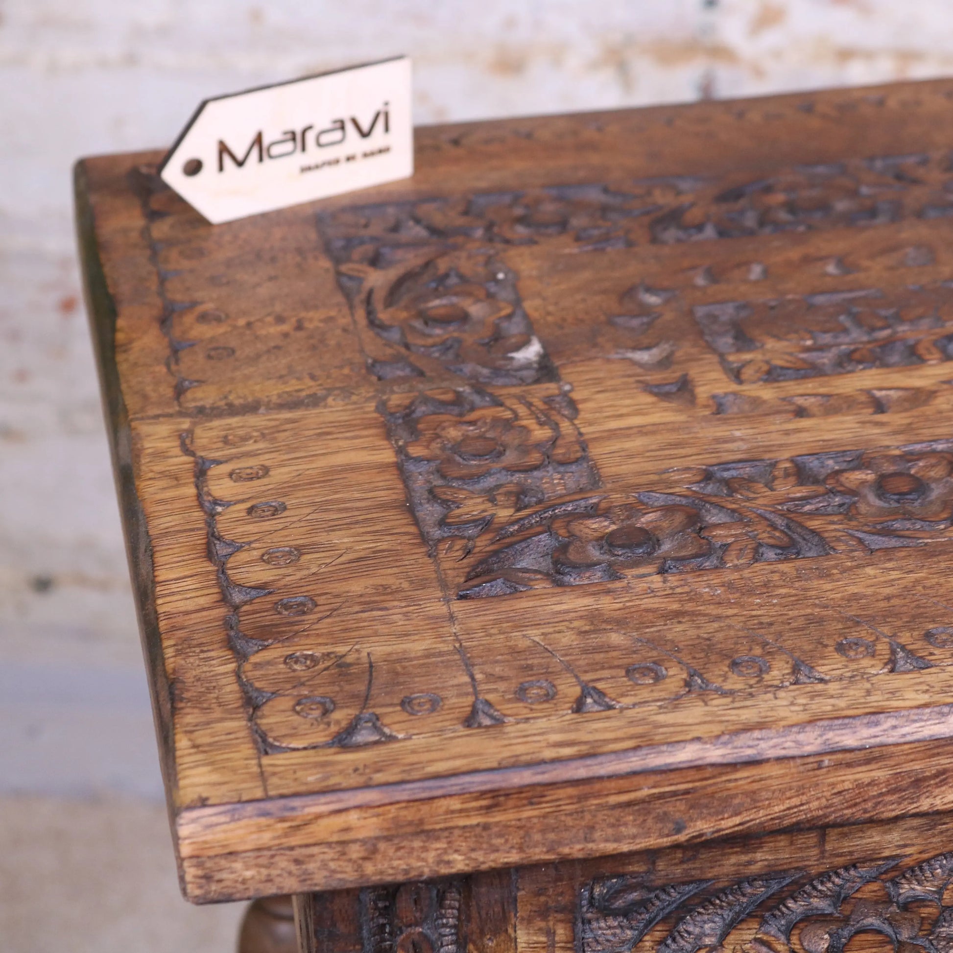 Erki Rectangular Mango Wood Side Table Burnt Finish Carving Closeup