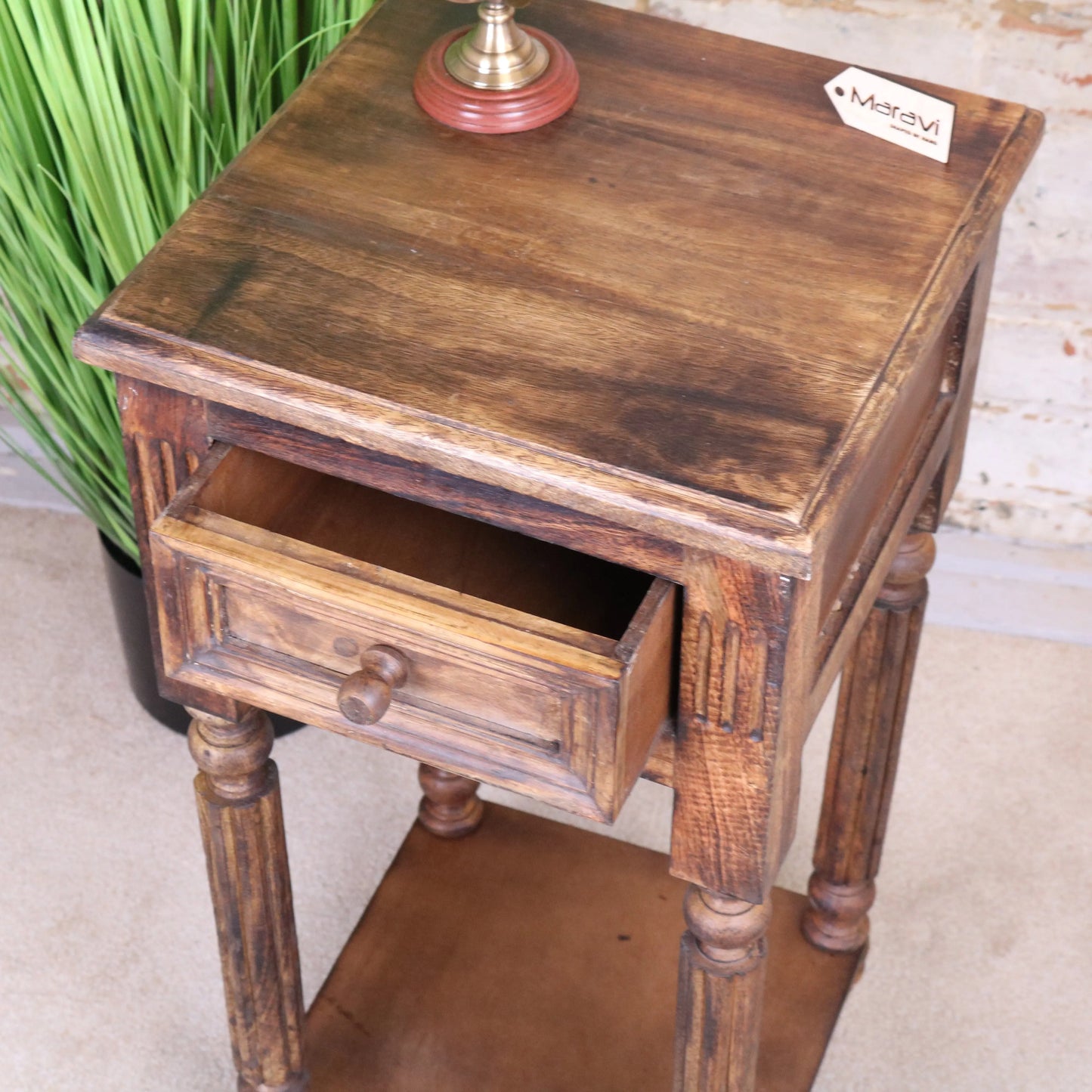 Toyani Square Tall Display Table Burnt Wood Open Drawer