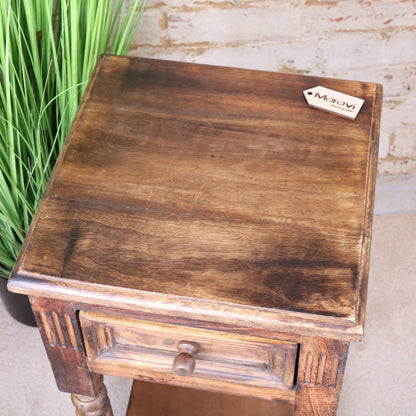 Toyani Square Tall Display Table Burnt Wood Top View