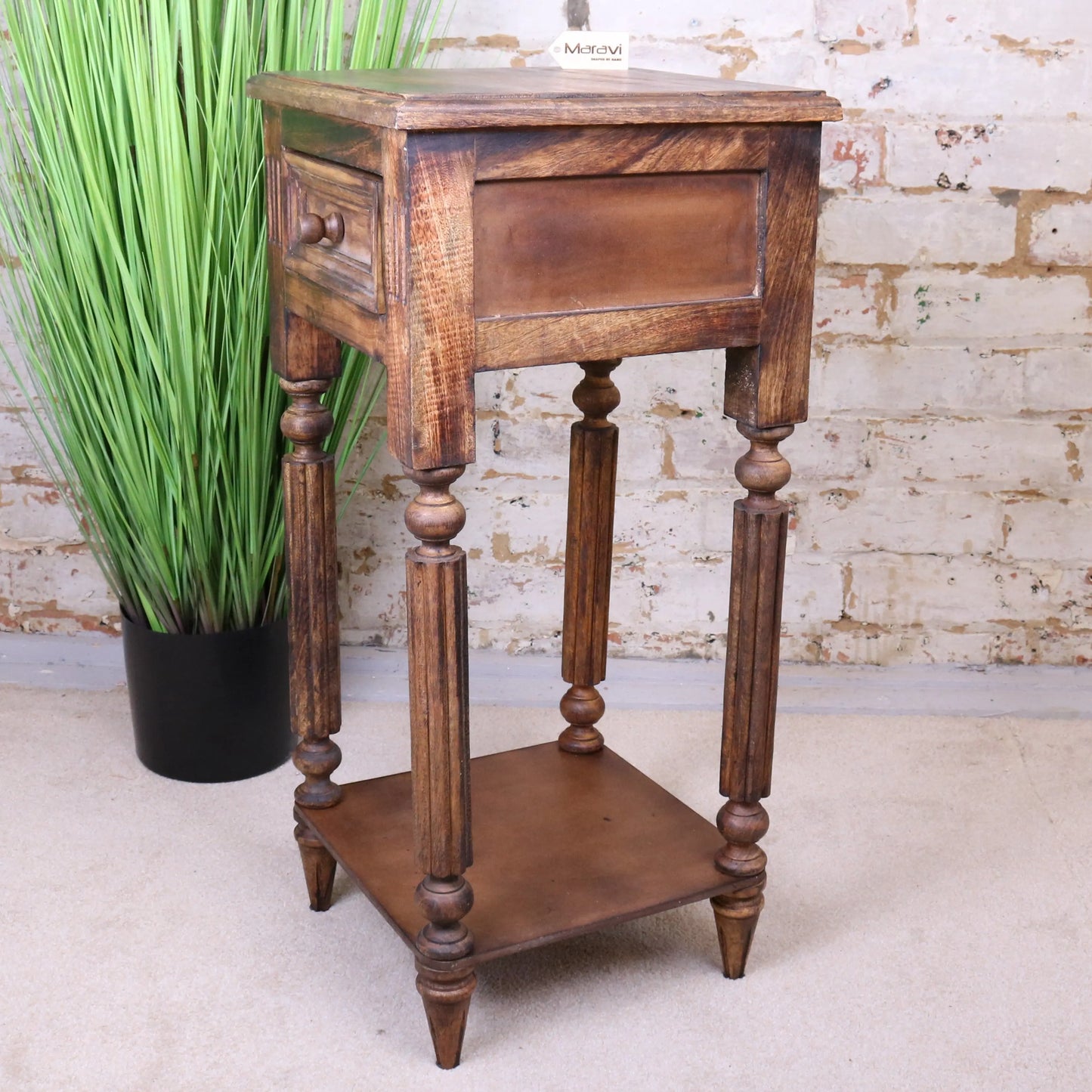 Toyani Square Tall Display Table Burnt Wood Side View