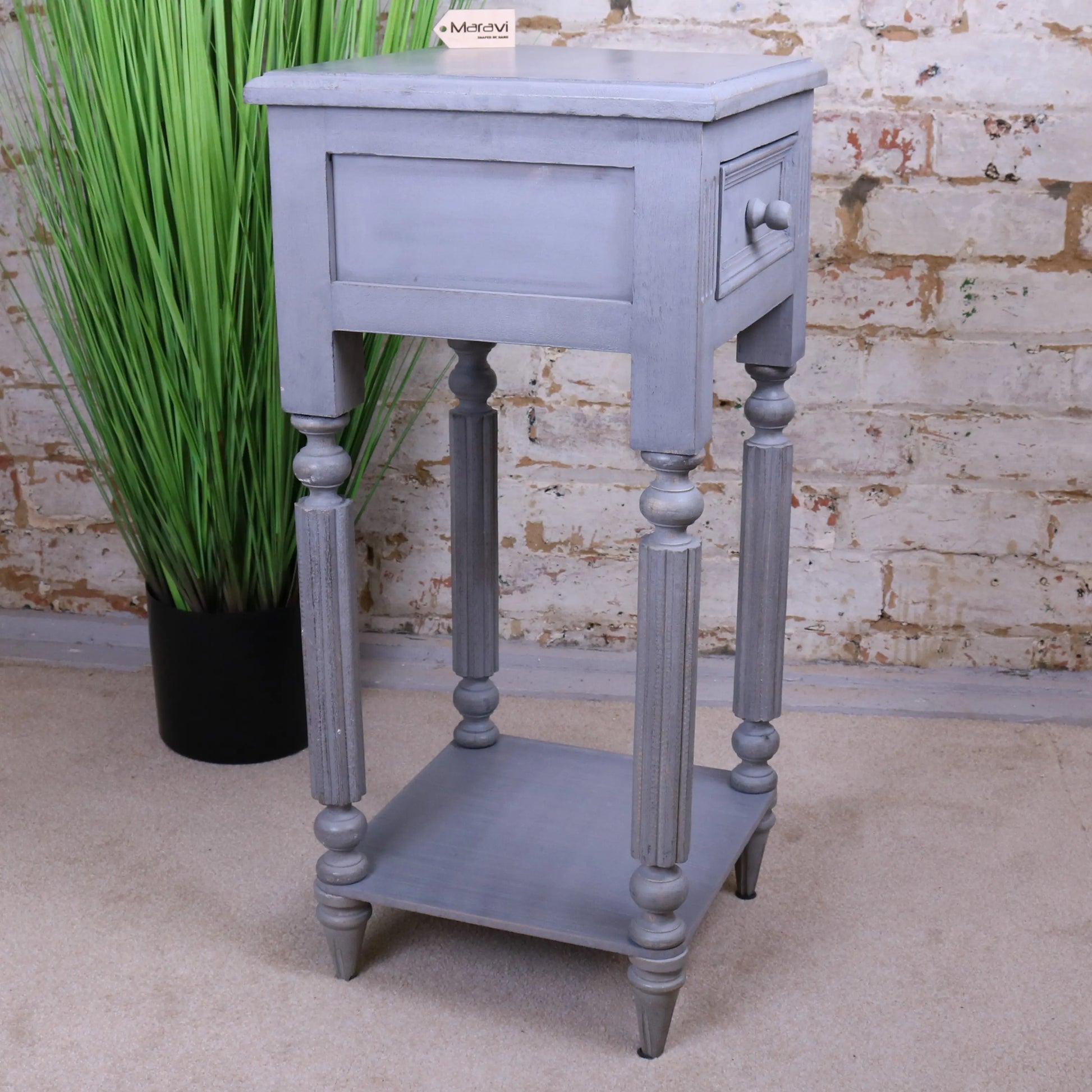 Toyani Square Tall Display Table Grey Painted Side View