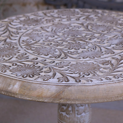 Malwa Round Pedestal Wooden Side Table Closeup of Carving