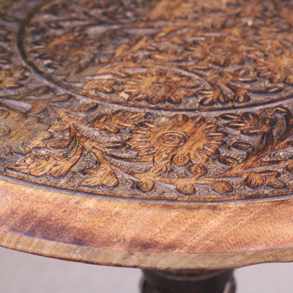 Manka Round Wooden Pedestal Side Table Closeup of Carving
