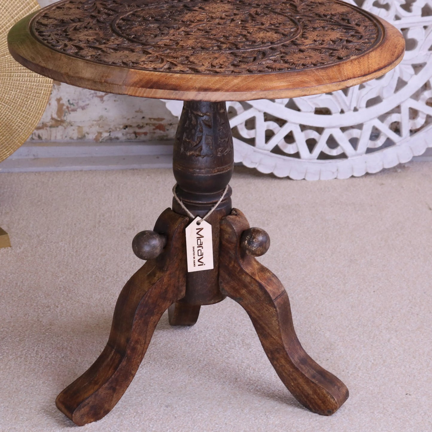 Manka Round Wooden Pedestal Side Table Floor View