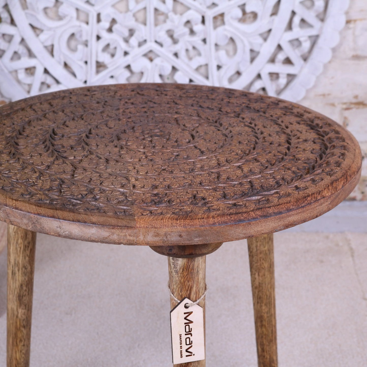 Rawlan Carved Wooden Side Table Burnt Finish Table Top