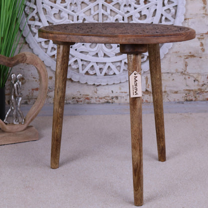 Rawlan Carved Wooden Side Table Burnt Finish Floor View