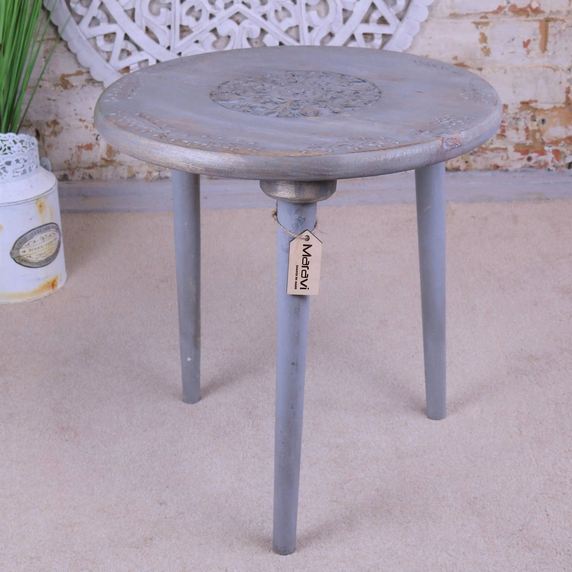 Pharoli Carved Wooden Side Table Grey Distressed Main Image