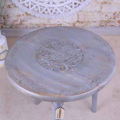 Pharoli Carved Wooden Side Table Grey Distressed Top View