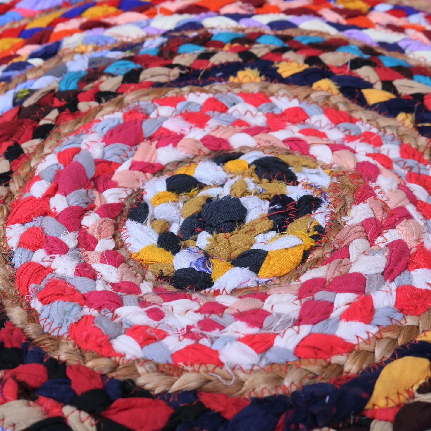 Rohina Cotton Rag and Jute Rug Round Multicoloured 50cm Closeup of Centre