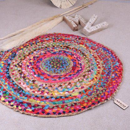 Rohina Cotton Rag and Jute Rug Round Multicoloured 70cm Angled View