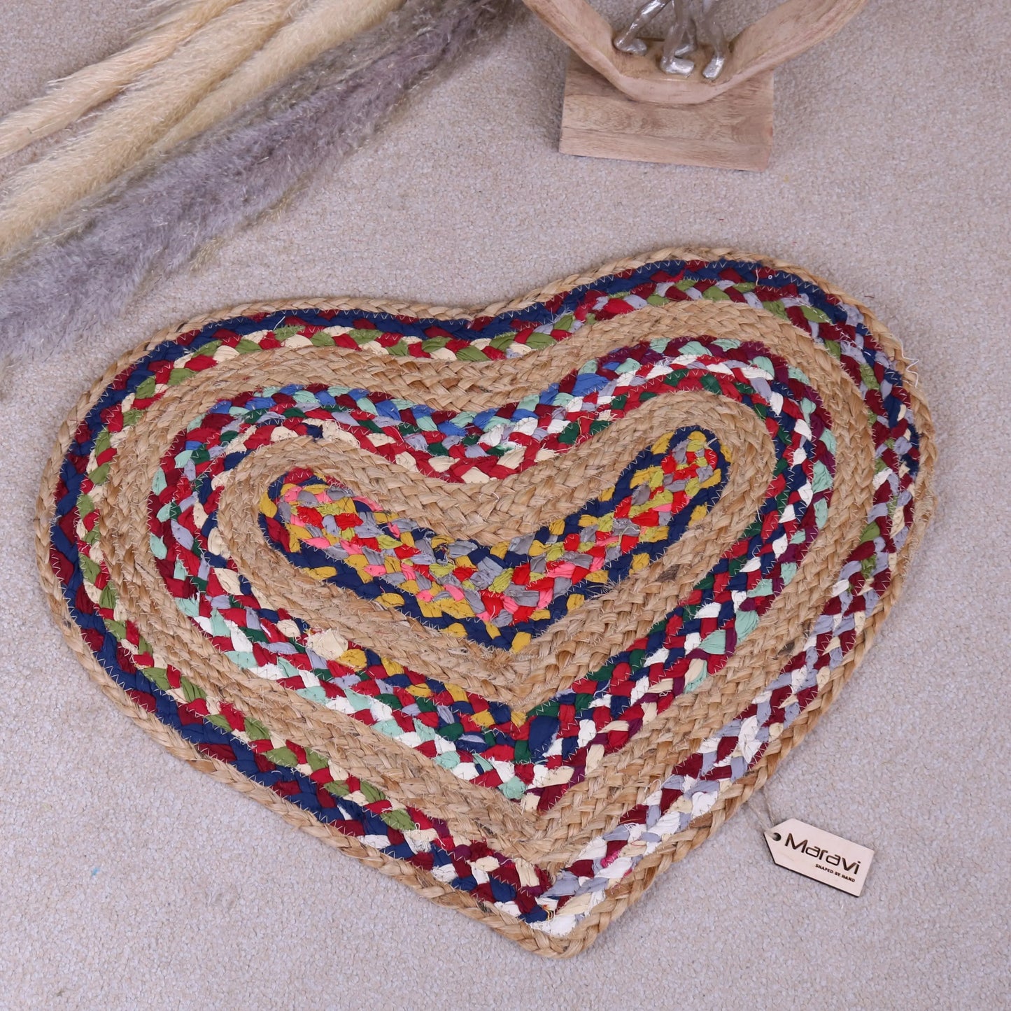 Rongit Heart Shape Doormat Rag Rug Cotton and Jute 60cm Top View
