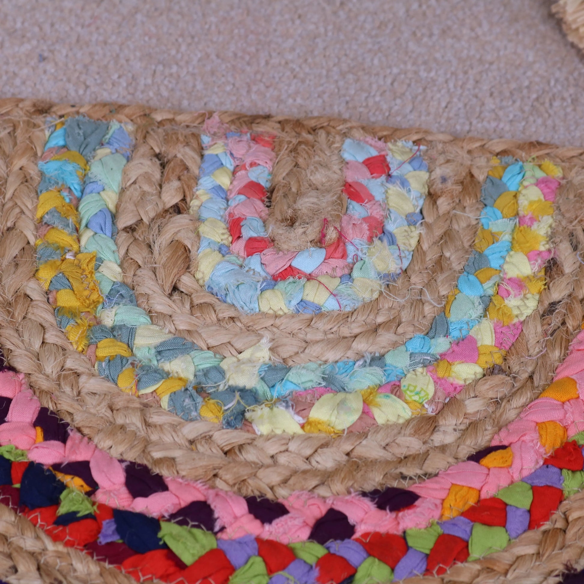 Rongit Rainbow Doormat Recycled Rag Cotton and Jute 60cm Closeup of Centre