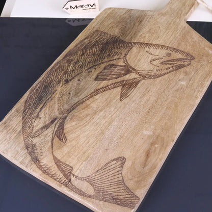 Rateka 50cm Engraved Seafood Serving Board Fish Design Top View