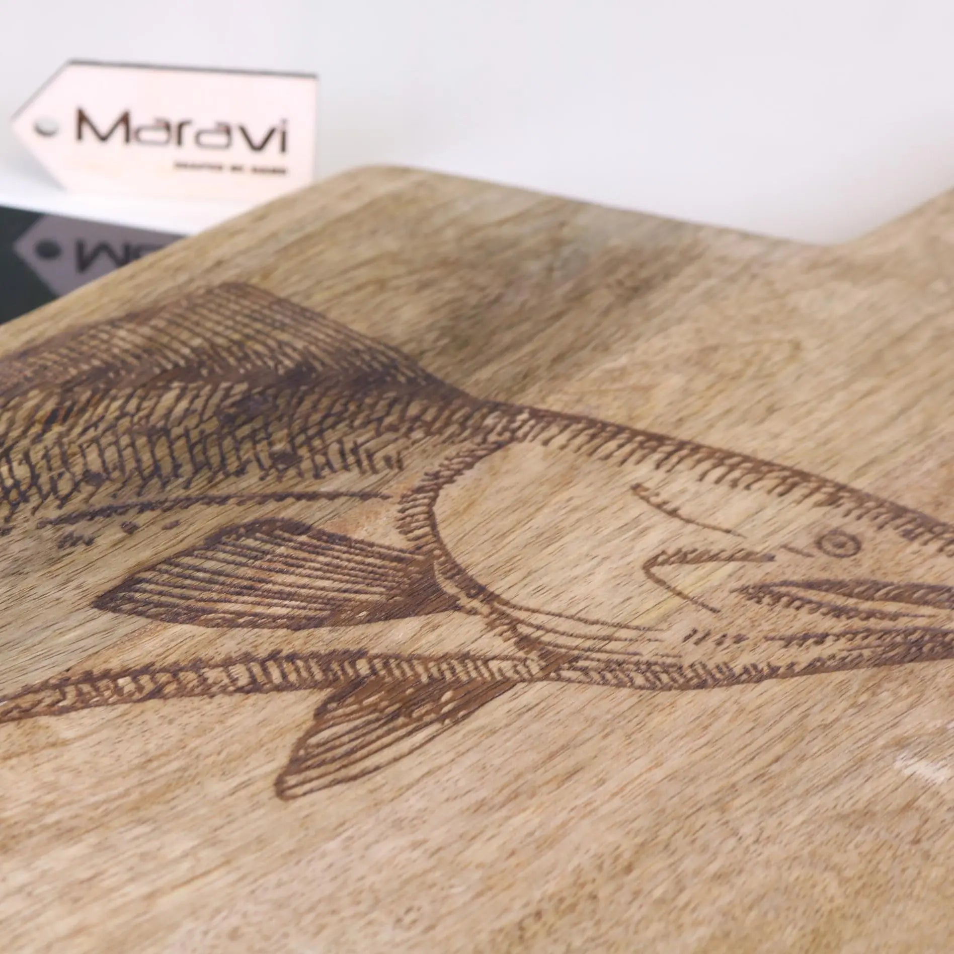 Rateka 50cm Engraved Seafood Serving Board Fish Design Closeup of Engraving