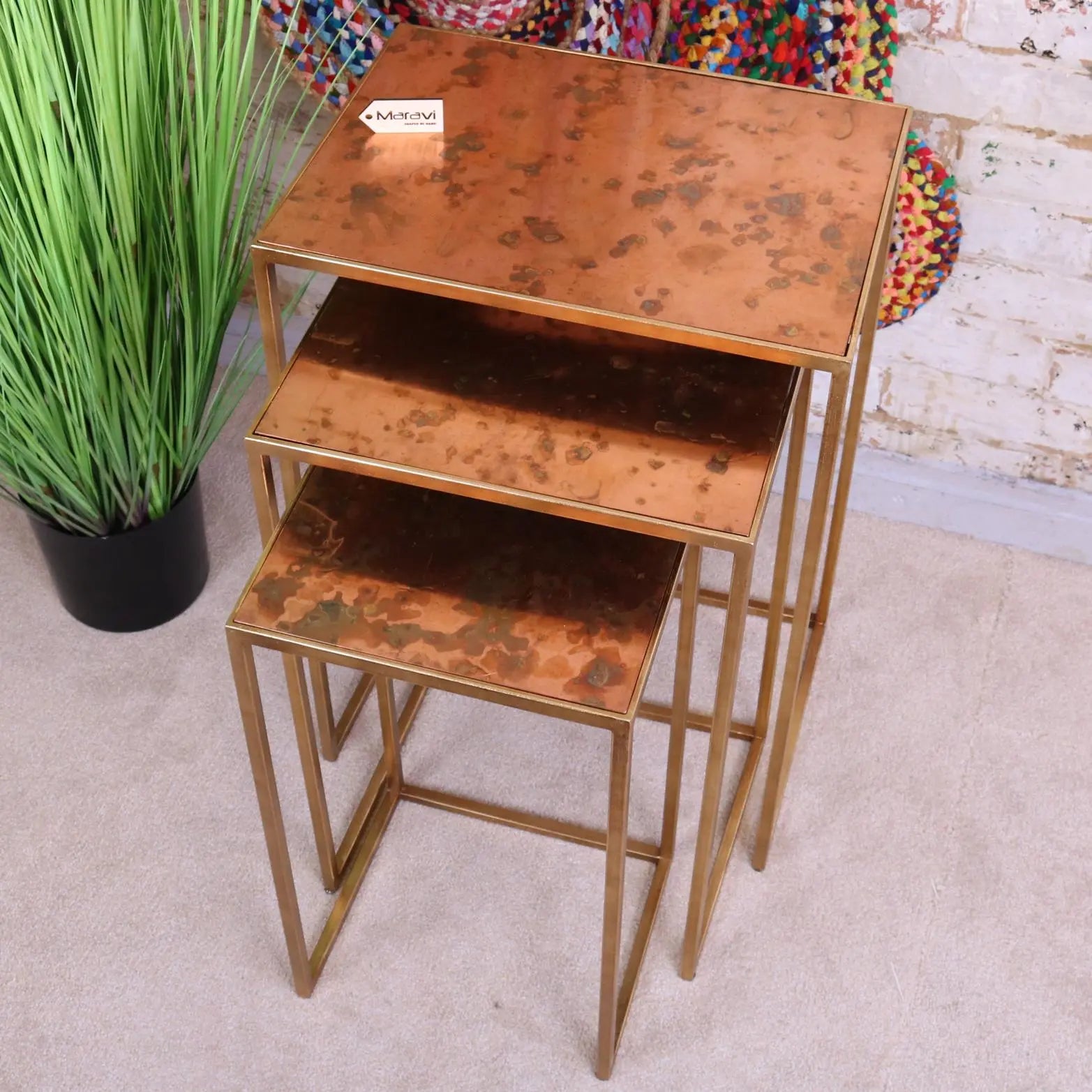 Itawa Tall Nest of Tables Gold Frame and Copper Top View