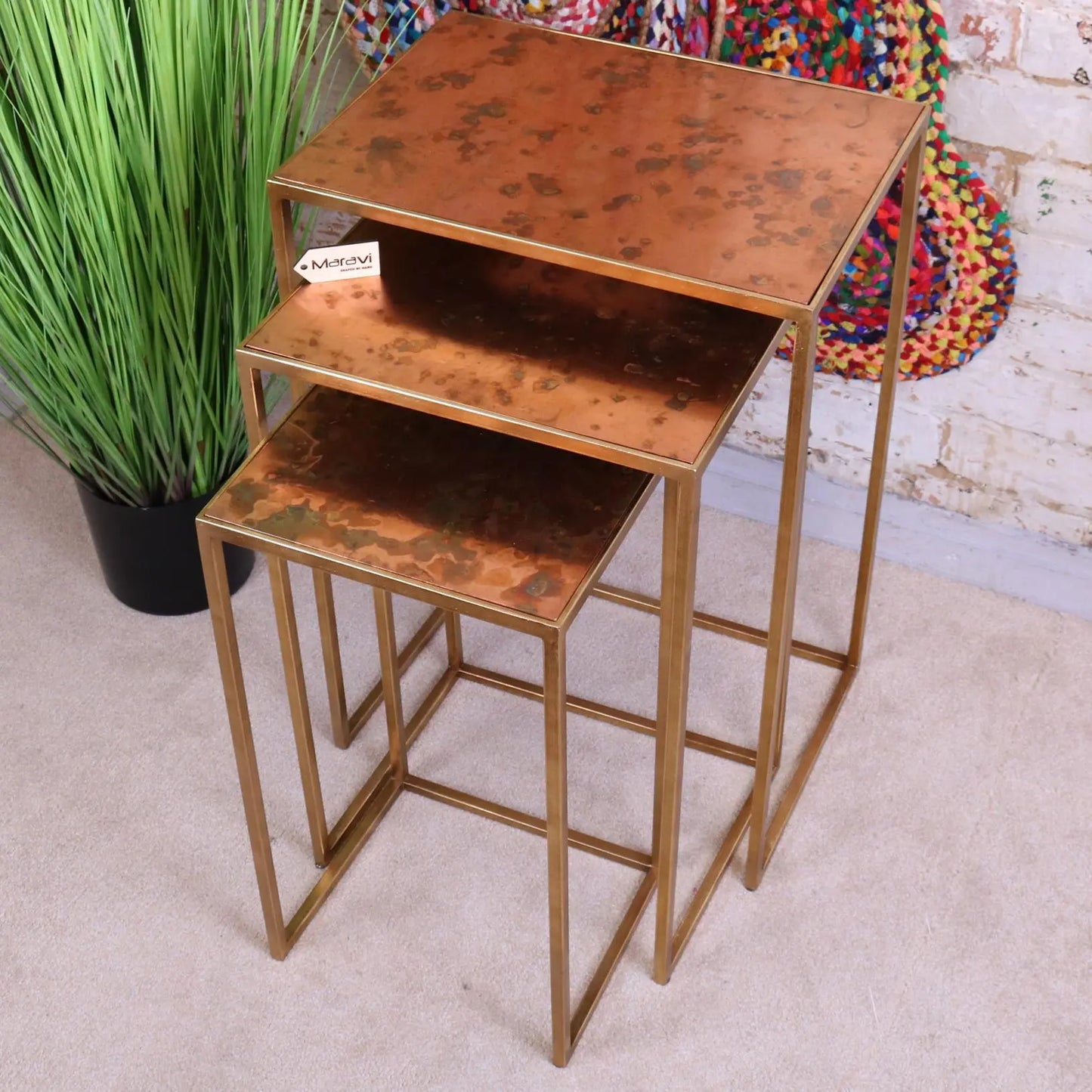 Itawa Tall Nest of Tables Gold Frame and Copper Angled Top View