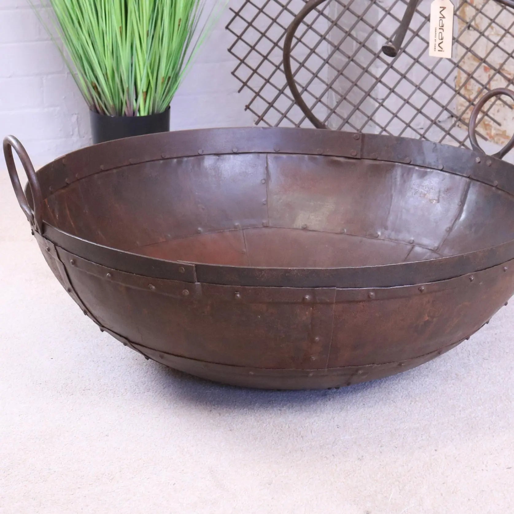 Vintage Kadai Bowl with Stand Garden Fire Pit Bowls  80cm Size Side View