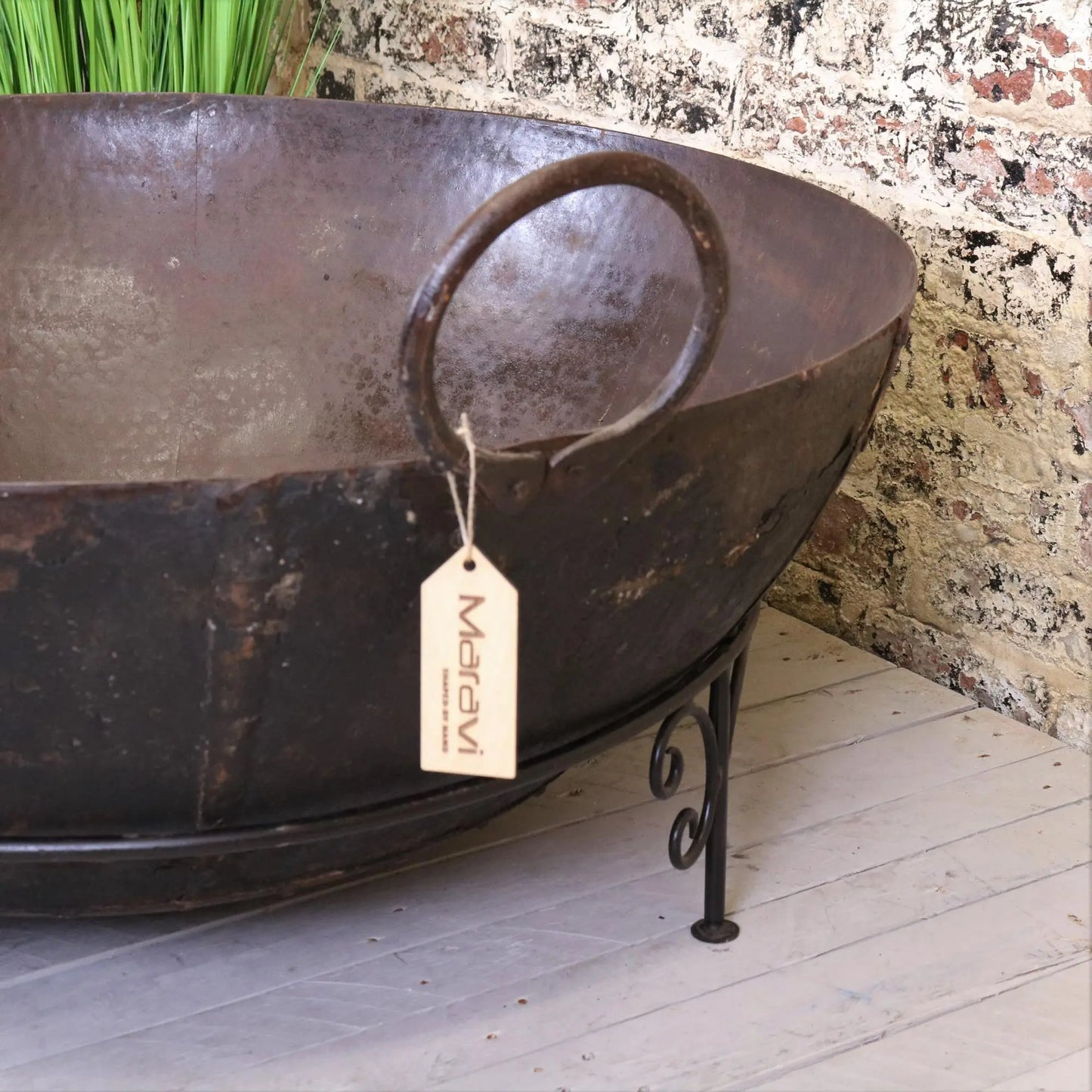 Vintage Giant Kadai Bowl with Stand Garden Fire Bowl Closeup of Handle