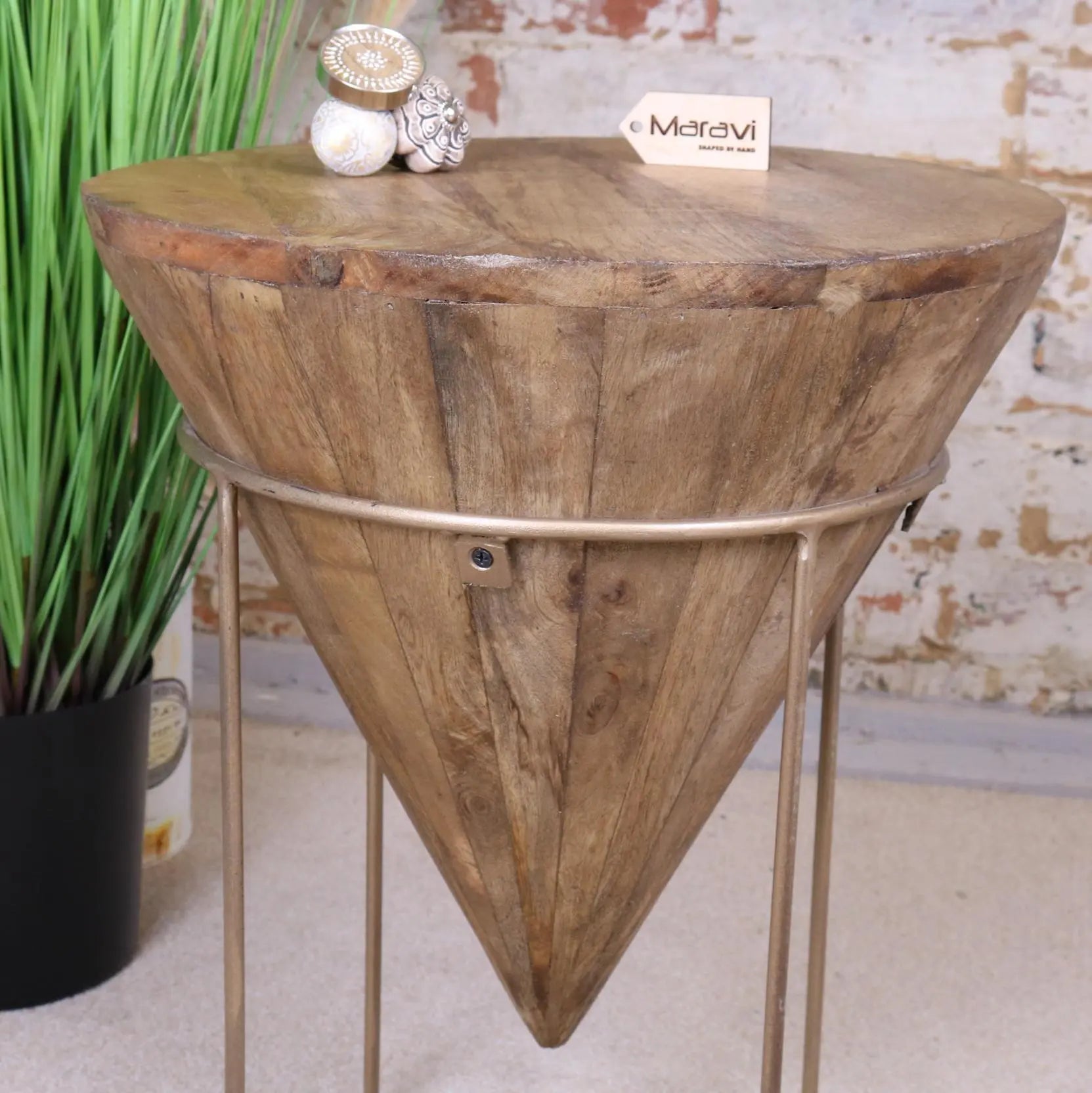 Tamia Wooden Cone Side Table Zoomed In View