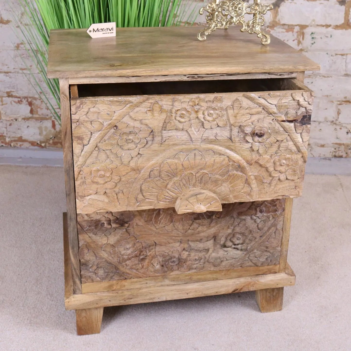 Ladha Mango Wood Carved Bedside Cabinet Drawer Open