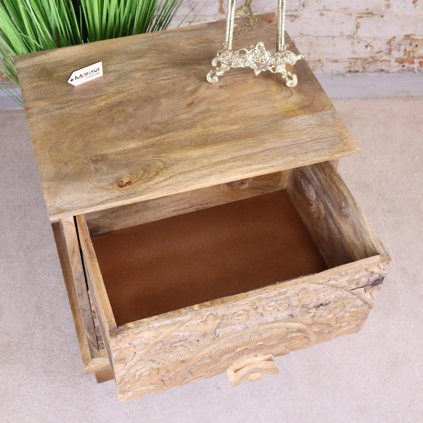 Ladha Mango Wood Carved Bedside Cabinet Drawer Open Top View