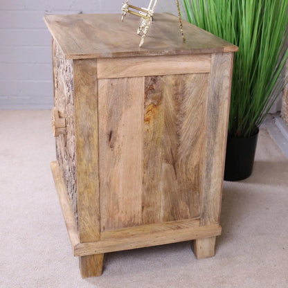 Ladha Mango Wood Carved Bedside Cabinet Side View