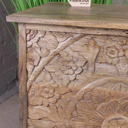Ladha Mango Wood Carved Bedside Cabinet Closeup of Carving
