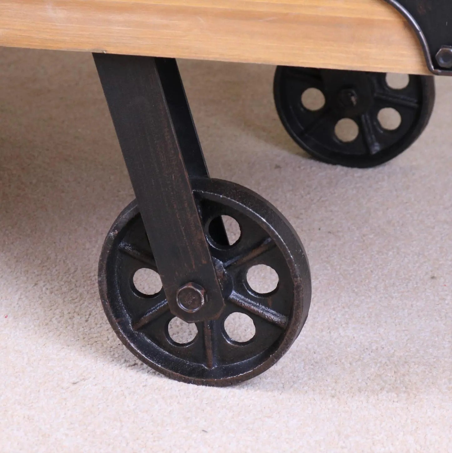 Sonala Rustic Railway Coffee Table Closeup of Small Wheels