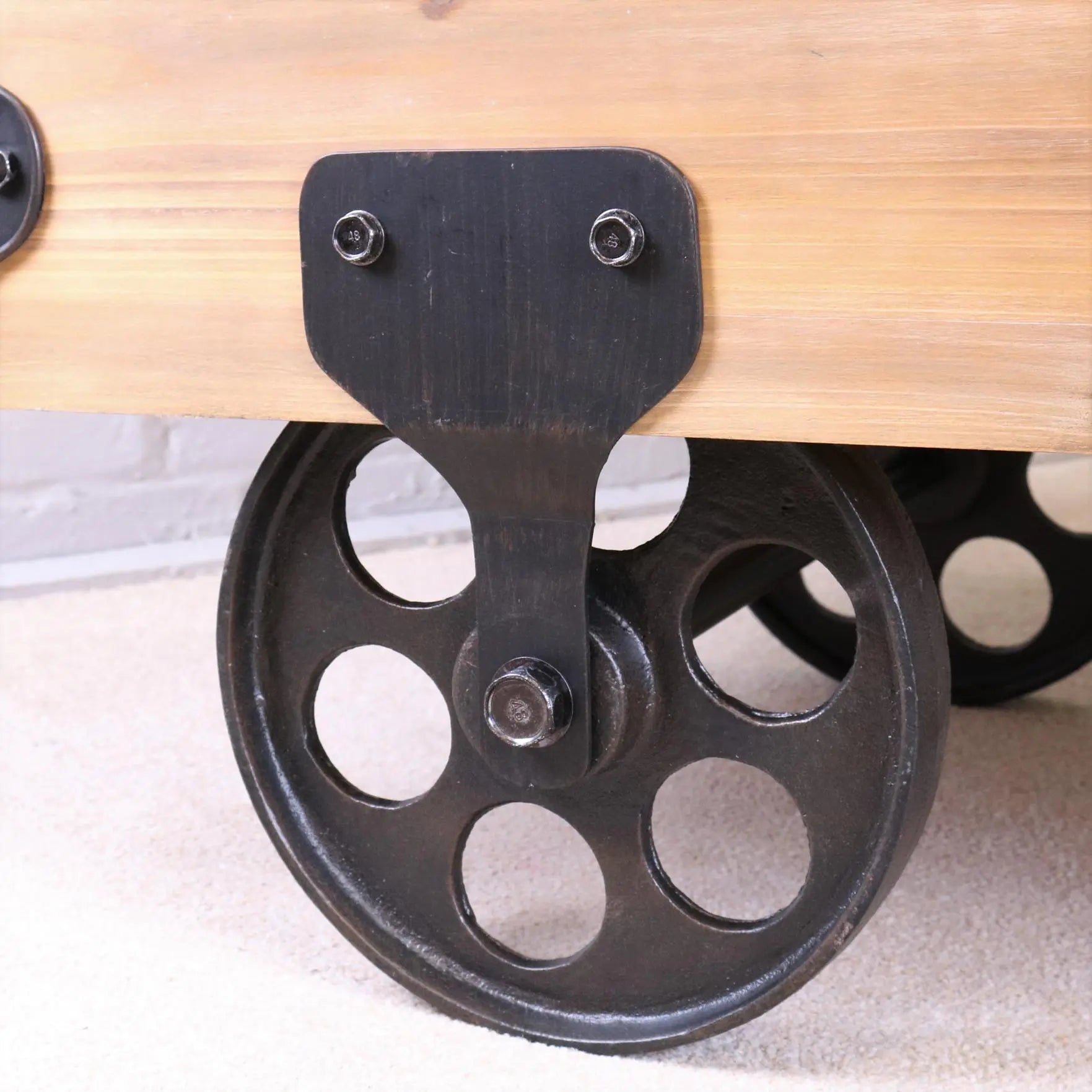 Sonala Rustic Railway Coffee Table Closeup of Large Wheels