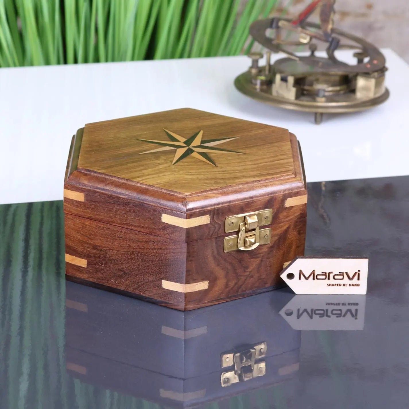 Araria Hexagonal Wooden Box with Compass Inlay Main Image