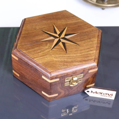 Araria Hexagonal Wooden Box with Compass Inlay Top View