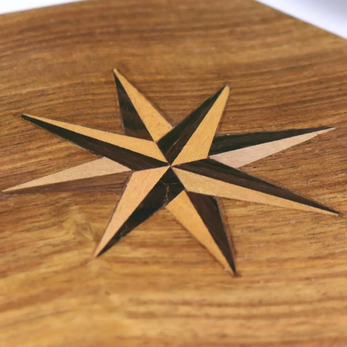 Araria Hexagonal Wooden Box Closeup of Compass Inlay