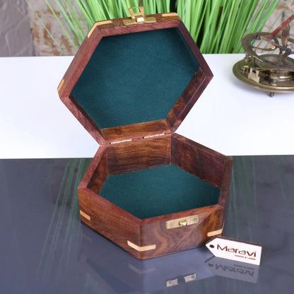 Araria Hexagonal Wooden Box with Compass Inlay Opened Up