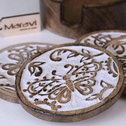 Melur Butterfly Design Set of 4 Coasters Closeup of Carving