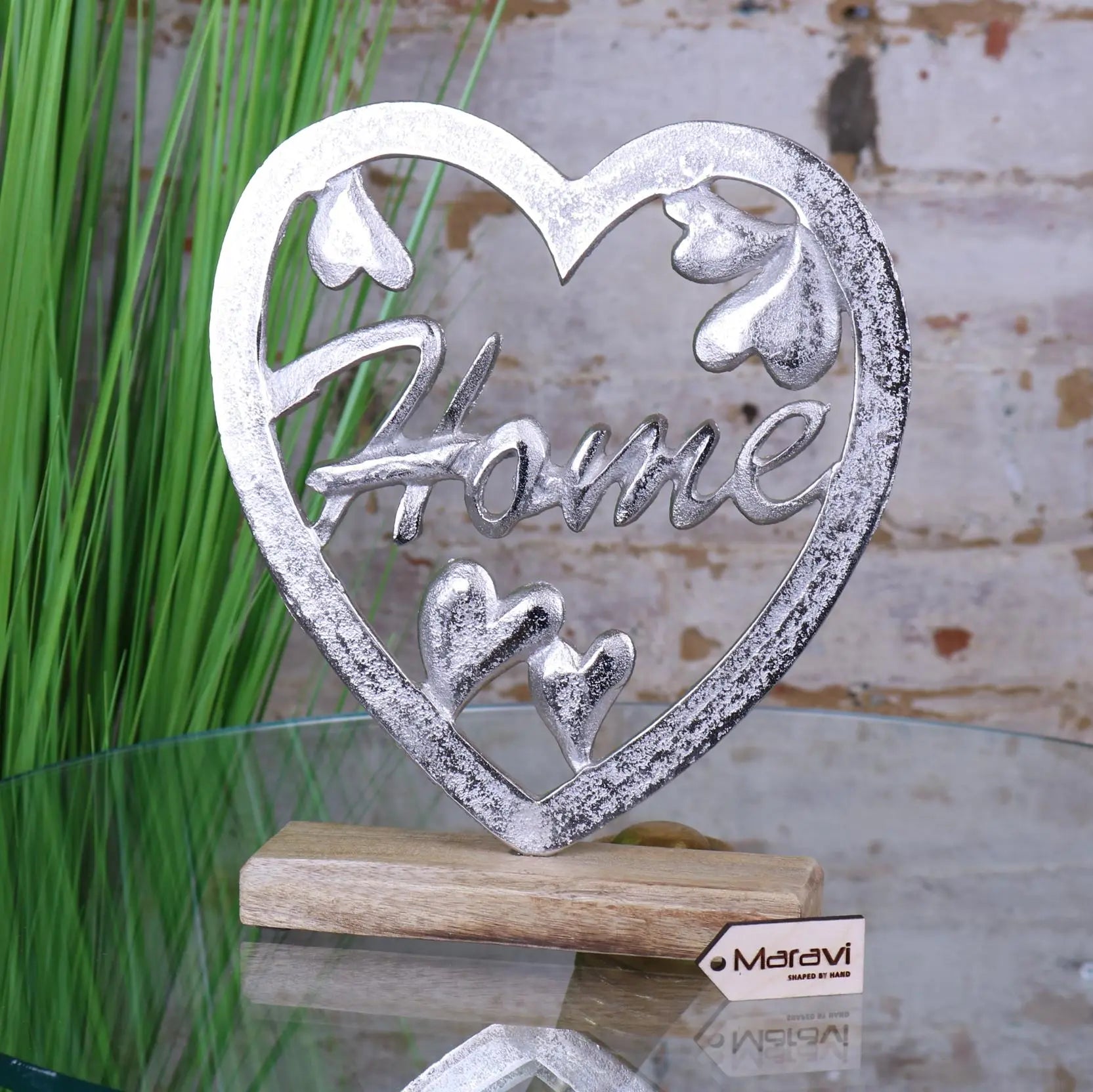 Shotak Silver Heart Wood Base Home Ornament Main Image