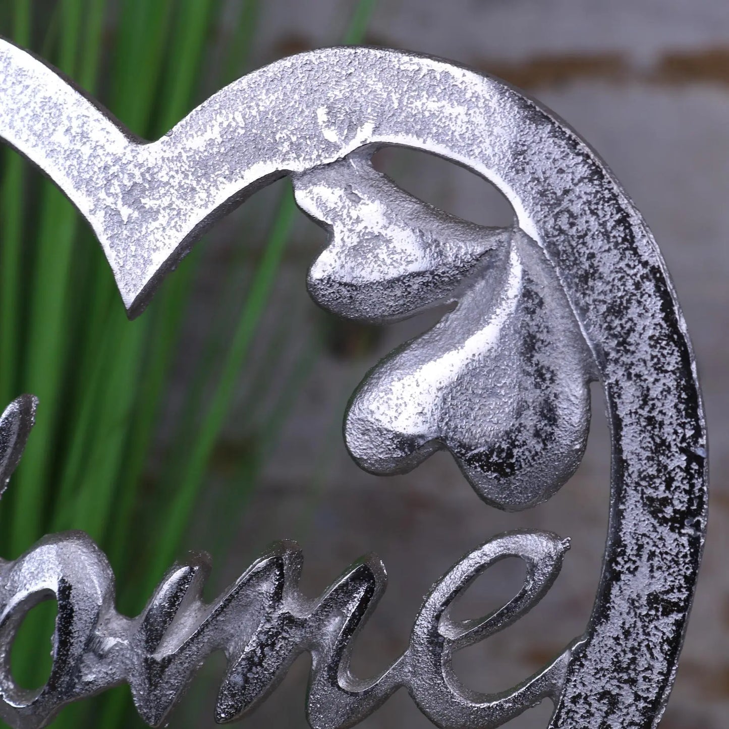 Shotak Silver Heart Wood Base Home Ornament Closeup of Distressed Metal