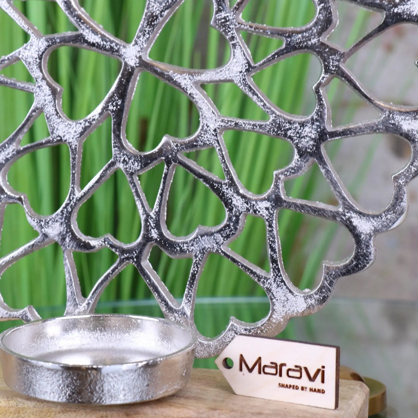 Tumen Heart Pattern Candle Holder Closeup of Distressed Metal